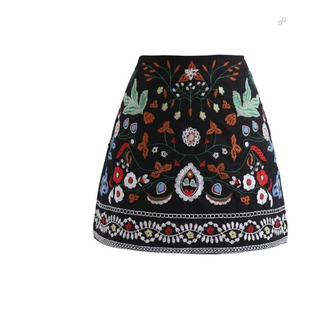 Zara BBWM Black Floral Embroidered Bohemian Mini Skirt Large